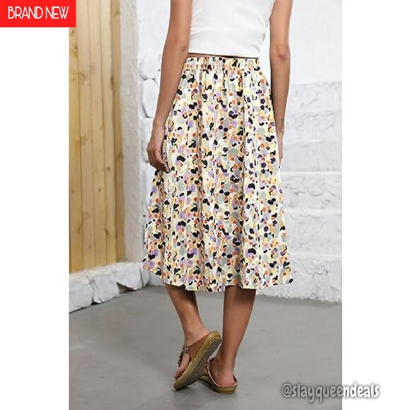 Flowy Midi Skirt with Pockets Elastic Waist A-Line Boho Style - Picture 4 of 8
